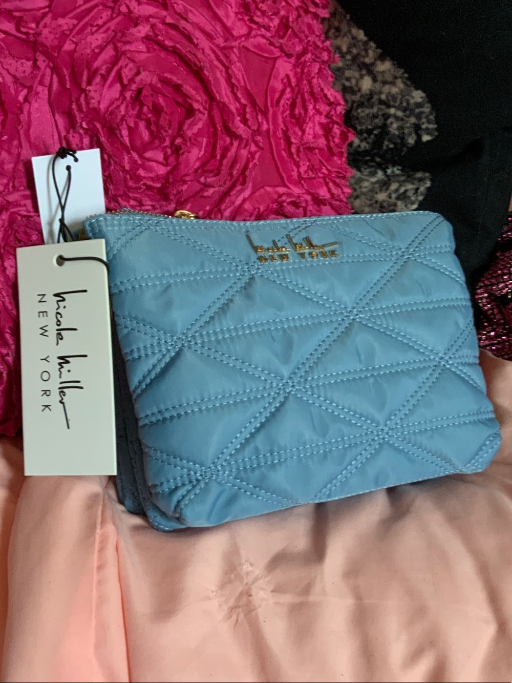 Nicole Miller Sky Blue Quilted Cosmetic Bag with Gold Accent